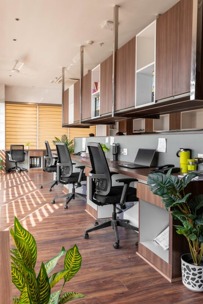 Bright modern office interior in Sahibzada Ajit Singh Nagar with desks, chairs, and green plants.